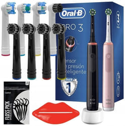 Brosse à dents électrique - Oral-B - Pro 3 3900 - Pack duo rose et noir - 8 embouts - Batterie longue durée