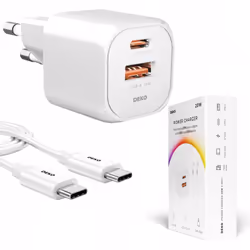 CHARGEUR USB C RAPIDE POUR TÉLÉPHONE UNIVERSEL 20W + CÂBLE USB C 100W BLANC DEKO CHARGEUR RAPIDE DEKO 20W✅ 2 ports USB-C et U ...