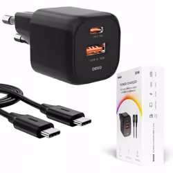 CHARGEUR USB C RAPIDE POUR TÉLÉPHONE UNIVERSEL 20W + CÂBLE USB C 100W DÉCO NOIR Chargeur DEKO 20W✅ 2 ports universels USB-C e ...
