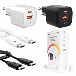 2x CHARGEUR USB C RAPIDE POUR TÉLÉPHONE UNIVERSEL 20W + 2x CÂBLE USB C 100W DEKO 2 x Chargeur DEKO 20 W - Blanc et Noir✅ 2 po ...