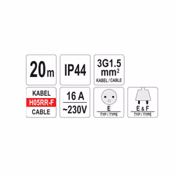 Rallonge avec bobine Yato YT-81052; 20 m; 3x1,5 mm²