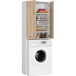 Colonne salle de bains Blanche 64 cm 2 portes façade Chêne Sonoma 4 étagères 64x30x180 cm