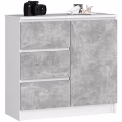 Commode AKORD JERRY Blanche 80 cm 1 porte 3 tiroirs façade Béton 2 étagères 80x35x77 cm