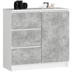 Commode AKORD JERRY Blanche 80 cm 1 porte 3 tiroirs façade Béton 2 étagères 80x35x77 cm