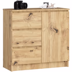 Commode AKORD JERRY Chêne Artisan 80 cm 1 porte 3 tiroirs façade Chêne Artisan 2 étagères 80x35x77 cm