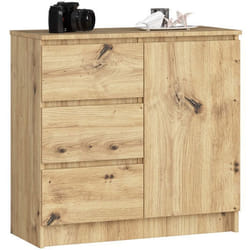 Commode AKORD JERRY Chêne Artisan 80 cm 1 porte 3 tiroirs façade Chêne Artisan 2 étagères 80x35x77 cm