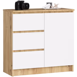 Commode AKORD JERRY Chêne Artisan 80 cm 1 porte 3 tiroirs façade Blanche 2 étagères 80x35x77 cm
