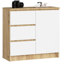 Commode AKORD JERRY Chêne Artisan 80 cm 1 porte 3 tiroirs façade Blanche 2 étagères 80x35x77 cm