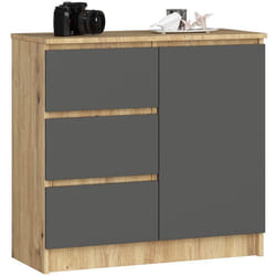 Commode AKORD JERRY Chêne Artisan 80 cm 1 porte 3 tiroirs façade Gris Graphite 2 étagères 80x35x77 cm