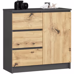 Commode AKORD JERRY Gris Graphite 80 cm 1 porte 3 tiroirs façade Chêne Artisan 2 étagères 80x35x77 cm