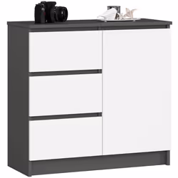 Commode AKORD JERRY Gris Graphite 80 cm 1 porte 3 tiroirs façade Blanche 2 étagères 80x35x77 cm