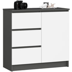 Commode AKORD JERRY Gris Graphite 80 cm 1 porte 3 tiroirs façade Blanche 2 étagères 80x35x77 cm