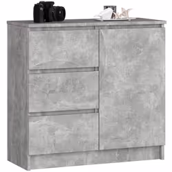 Commode AKORD JERRY Béton 80 cm 1 porte 3 tiroirs façade Béton 2 étagères 80x35x77 cm