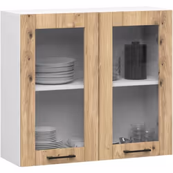 Vitrine de cuisine AKORD OLIWIA W80 H720 Blanche 80 cm 2 portes façade Chêne Artisan 2 étagères 80x305x72 cm