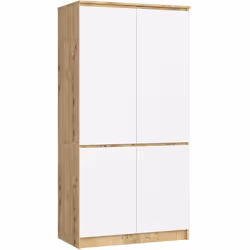 Armoire AKORD S90 Chêne Artisan 90 cm 4 portes façade Blanche 4 étagères 90x51x180 cm