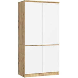 Armoire AKORD S90 Chêne Artisan 90 cm 4 portes façade Blanche 4 étagères 90x51x180 cm