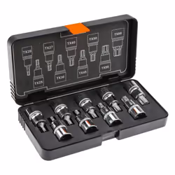 Embouts Torx sur douille 1/2 55 mm, 9 pcDimensions : T20, T25, T27, T30, T40, T45, T50, T55, T60Acier CrV et S2Coffret plasti ...