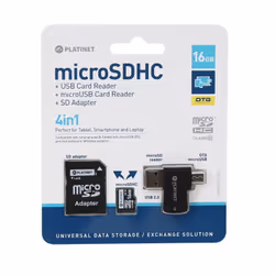 Platinet 16GB MicroSDHC + card reader + otg + adapter, 16 Go, MicroSD, Noir