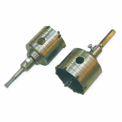 2 scies trépans SDS Plus Ø 80 mm et Ø 65 mm + arbre et foret. Scie trépan en acier robuste et tranchants en TCT (carbure de t ...