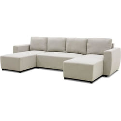 Canapé D'Angle Convertible Panoramique Pharell 5/6 Places - Tissu Beige - Coffre De Rangement - L297 X P155 X H71/85 Cm