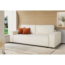 Canapé Convertible 3 Places - Josh - Tissu Bouclette Creme - Coffre De Rangement - 239 X 86 X 85 Cm