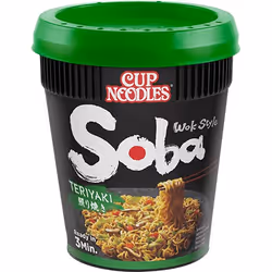 Nissin Soba Teriyaki, Nouilles en soupe instantanées, 90 g, Champignon, Sauce soja, 5 min, 214 kcal, 897 kJ