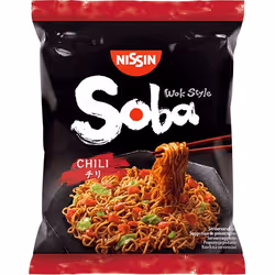 Nissin Soba Chili, Nouilles en soupe instantanées, 111 g, Huile pimentée, 5 min, 194 kcal, 812 kJ