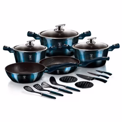 Batterie de Cuisine à Induction 17 Pièces Aluminium Antiadhésif sans PFOA Berlinger Haus Aquamarine Bleu marine 411243