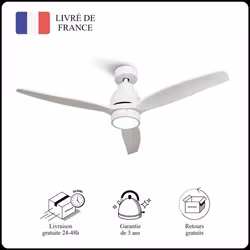 Mellerware - Ventilateur de plafond avec télécommande Brizy! Bright 45W  Silencieux  3 lames 132cm  6 vitesses  LED  Blanc