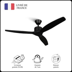 Mellerware - Ventilateur de plafond avec télécommande Brizy! Bright 45W  Silencieux  3 lames 132cm  6 vitesses  Noir