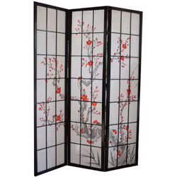 Paravent bois noir avec fleurs de cerisier composé d'une structure en bois verni avec charnières double sens et panneaux avec ...