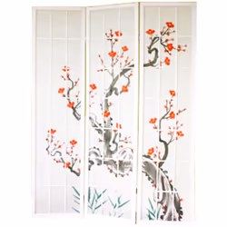 Paravent bois blanc avec fleurs de cerisier composé d'une structure en bois verni avec charnières double sens et panneaux ave ...