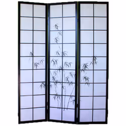 Paravent bois noir avec dessin de bambou noir composé d'une structure en bois verni avec charnières double sens et panneaux a ...