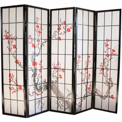 Paravent bois noir avec fleurs de cerisier composé d'une structure en bois verni avec charnières double sens et panneaux avec ...