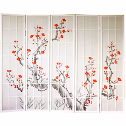 Paravent bois blanc avec fleurs de cerisier composé d'une structure en bois verni avec charnières double sens et panneaux ave ...