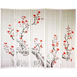 Pegane - Paravent bois blanc avec fleurs de cerisier - 5 pans