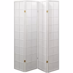 Paravent composé d'une structure en bois verni blanc avec charnières double sens et panneaux avec quadrillage sur un côté et ...