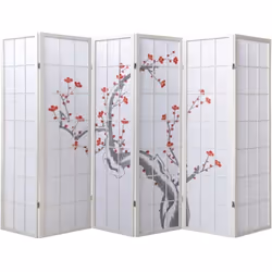 Paravent bois blanc avec fleurs de cerisier composé d'une structure en bois verni avec charnières double sens et panneaux ave ...
