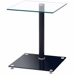 Table d'appoint structure en aluminium laqué noir avec 2 plateaux : plateau de dessus en verre trempé transparent, et plateau ...