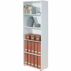 Etagère pratique en panneaux de particules. Décor blanc. Cinq niveaux, dont trois adaptables pour un rangement facile et ordo ...