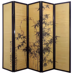Paravent de 5 pans, composé d'une structure en bois noir et panneaux en lamelles de bambou naturel. Dimensions : L220 x H176  ...