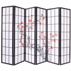 Paravent bois noir avec fleurs de cerisier composé d'une structure en bois verni avec charnières double sens et panneaux avec ...