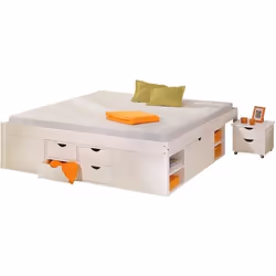 Lit multi-rangements - PEGANE - Blanc - 160 x 200 cm - Bois - A lattes - Avec tiroirs