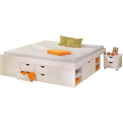 Lit multi-rangements - PEGANE - Blanc - 160 x 200 cm - Bois - A lattes - Avec tiroirs