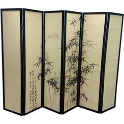 Paravent bois noir et bambou avec motifs vegetaux 6 pans H 175 x L 240 cm
