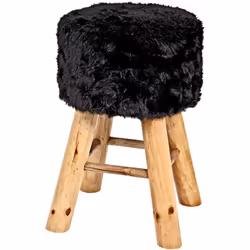 Tabouret rond rustique noir, fait en bois massif et fausse fourrure. Conception originale pour votre maison qui offre un conf ...