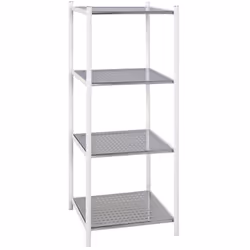 Etagère de salle de bain roulante blanc brillant et chromé, en Acier tubulaire elliptique et tôle perforée, avec 4 tablettes.