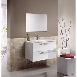 Set de Meuble sous lavabo avec 2 tiroirs Blanc Brillant -Blanc Laqué + Lavabo blanc + miroir