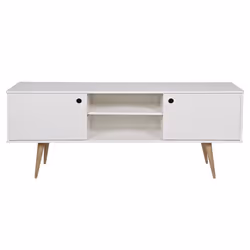 Meuble TV - PEGANE - Pin massif - Blanc - Contemporain - Porte et tiroir - 60x150x38cm