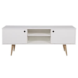 Meuble TV - PEGANE - Pin massif - Blanc - Contemporain - Porte et tiroir - 60x150x38cm